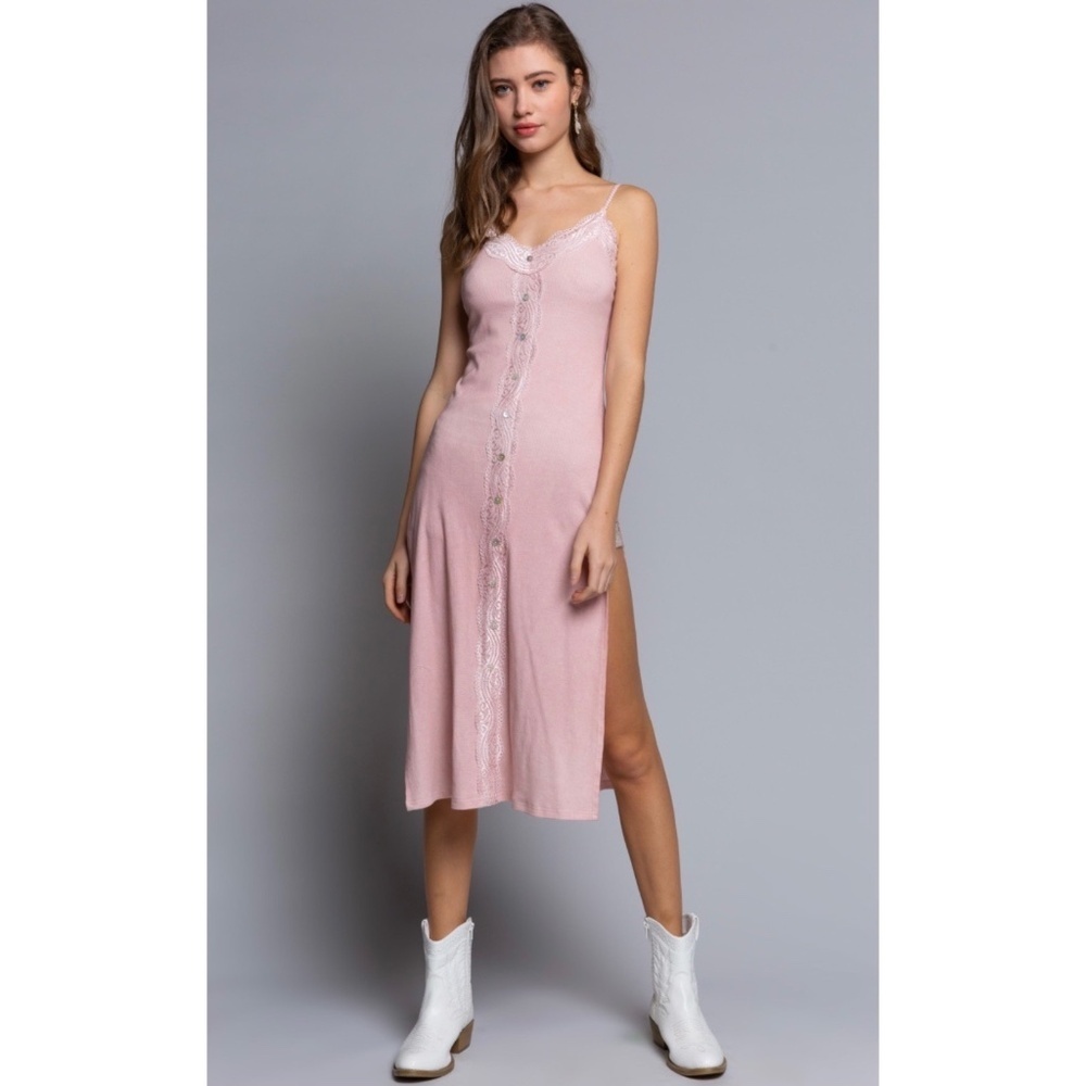 POL Light Pink Lace Trimmed Midi Tank Dress - Picture 1 of 10